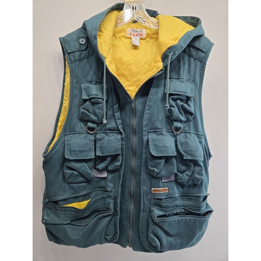 Vintage Fishing Vest Bumpin Fresh XXL Green Yellow Hooded Pockets Secret Zipper